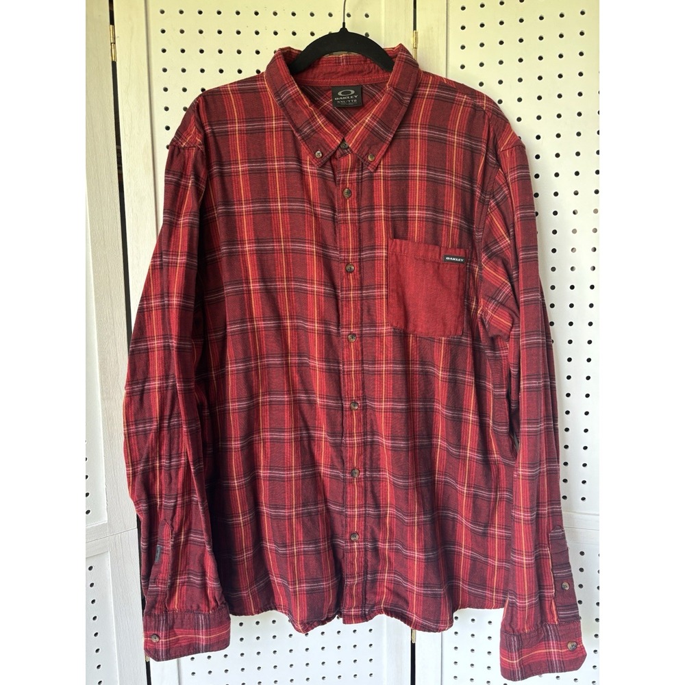 Oakley Long Sleeve Button Down Plaid Flannel Shirt‎ Red Orange Men's XXL